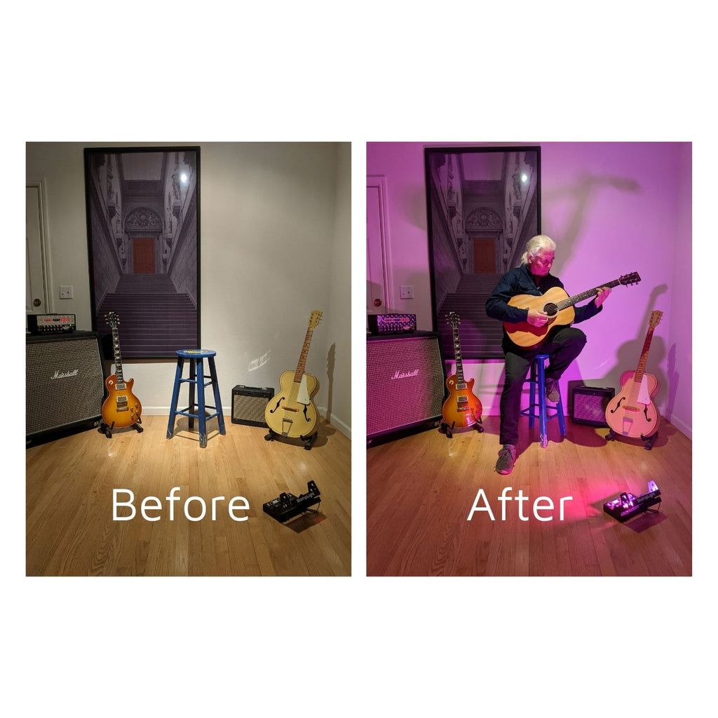 Before and after comparison showing the effect of stomplight on a musician's stage presence